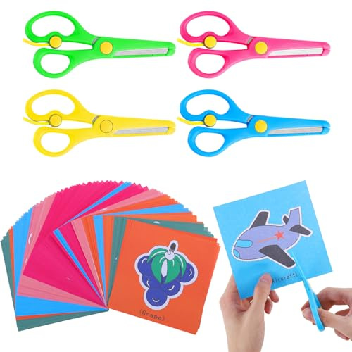 4 Kids Safety Scissors with 96 Animal Paper-Cuts, Childrens Scissors | Right/Left Handed, Stainless Steel Covered Blades, Automatic Elastic Design, for Handmade DIY Paper Cutting Art Supplies