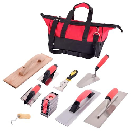 BXGTECH 10-teiliges Mauerwerk-Handwerkzeug-Set, Finishing Kelle, Messkelle, Fugenschneider, Extrudierte Legierung Float, Holzschwimmer, Drahttwister und 3-teilige faltbare Wasserwaage mit Tasche
