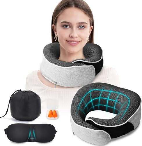 Flugzeug Kissen Reisekissen, Verbessertes Kissen Flugzeug Aus 100% Memory Foam, Ergonomisches Design NackenhöRnchen, Weiches Reisekissen Flugzeug, Set Mit 3D-Konturierten Augenmasken (Hellgrau)