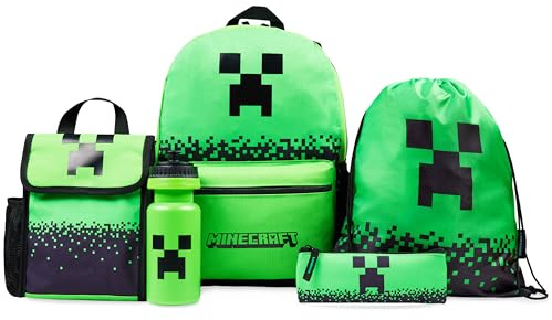 Minecraft Backpack Set 5 Pcs Water Bottle Insulated Lunch Bag Pencil Case Drawstring Bag or Lanyard Keyring School Supplies (Green)