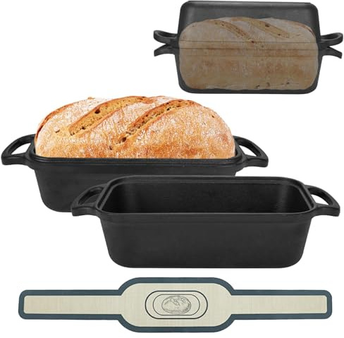 Blisswave Cast Iron Loaf Pan with Lid | Bread Baking Pans | Even Heat Distribution for Homemade Bread, Cake, Meatloaf | 2 Piece Set with 2 Bonus Bread Mats
