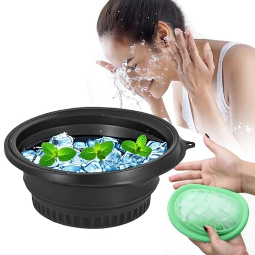 MOQRUAO Face Bowl for Ice with Built-in Ice Tray – Collapsible Silicone Facial Ice Bath Bowl for Cold Plunge Therapy, Skin Tightening & Acne Relief – Black Portable Spa Tool for Home & Travel (Black)