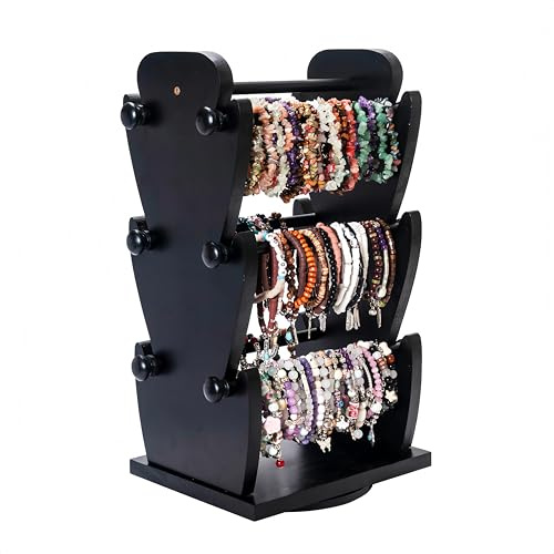 Two-Sided Rotating Wooden Jewelry Bracelet Holder Stand – 3-Tier Display with 6 Removable Bars for Bracelets, Bangles, Watches & Accessories – Black Wooden Organizer for Home or Retail Showcase