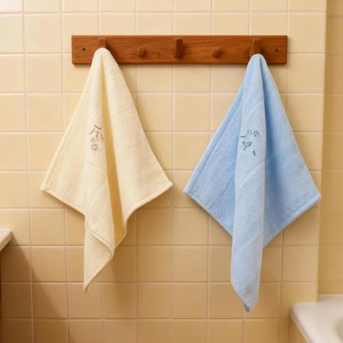 Vie TRIOMPHE Face Flannels Set of 2 Cotton Washcloths 34x35cm 100% Cotton High-Low Pile Embroidered Soft Absorbent Face Cloths Beige and Blue Bathroom Gift