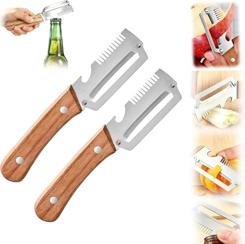 2PC Multifunctional Vegetable Peeler, 2026 New 3-in-1 Peeler,Stainless Steel Multifunctional Easy Peelers,Fruit Peeler with Wooden Handle and Bottle Opener,Best for Vegetable,Apple,Carrot and More