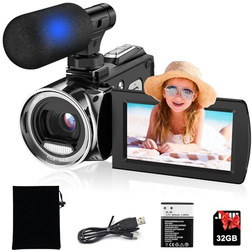 Rumyums Video Camera Camcorder, Full HD 4K 48MP Digital YouTube Vlogging Camera Recorder,Video Camera 30FPS 3.0 Inch LCD 270 Rotatable Degrees IPS Screen with Microphone and 32GB SD Card