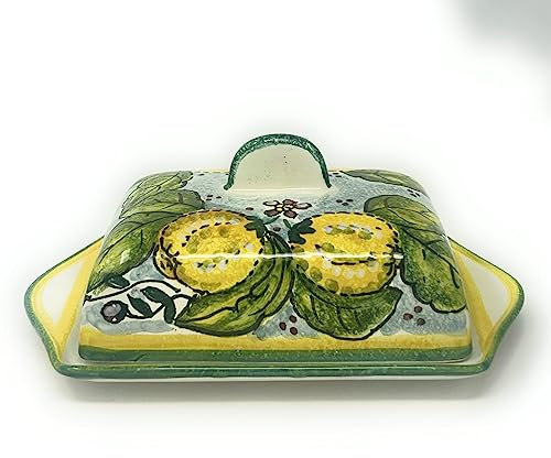 CERAMICHE D'ARTE PARRINI- Italienische Kunstkeramik, Butterdose Dekoration Zitronen, handgemalt, hergestellt in Italien Toscana