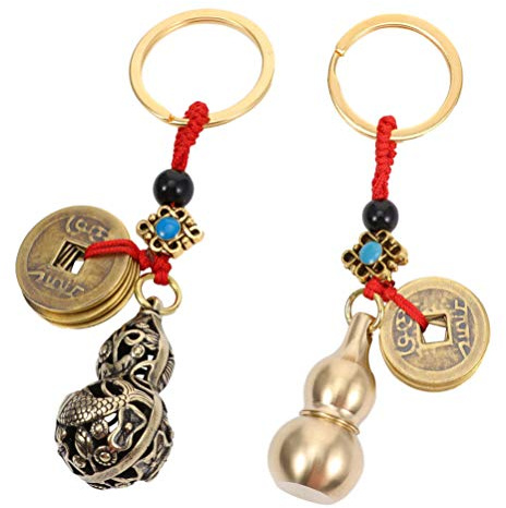 Milisten Juego de 2 Llaveros Wu Lou de Latón Macizo - Calabaza Feng Shui con Monedas de la Fortuna - Amuleto Chino para Salud, Riqueza y - Decoración Tradicional para Coche y Bolso