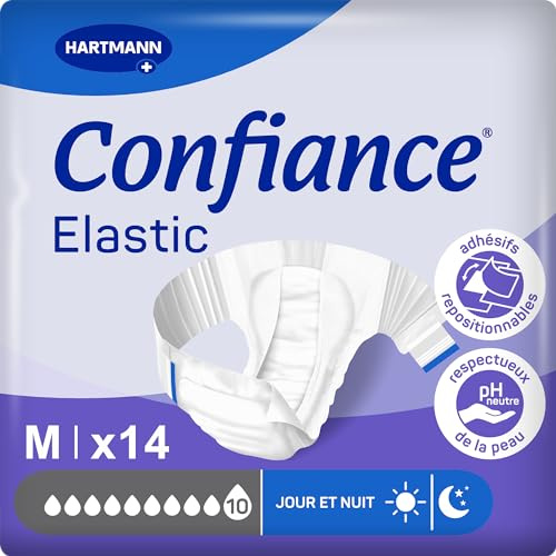 Confiance Elastic - Changes Complets pour Hommes et Femmes - Niveau d'Absorption = 10 gouttes (Fuites Urinaires Importantes) - pH Neutre à la Peau - Matière Douce - Taille M - 14 Unités