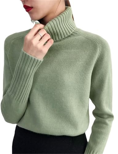 Suéter de Punto de Cachemira de Las Mujeres Otoño Invierno de Cuello Alto de Manga Larga Jersey de Jersey Femenino, Verde, M