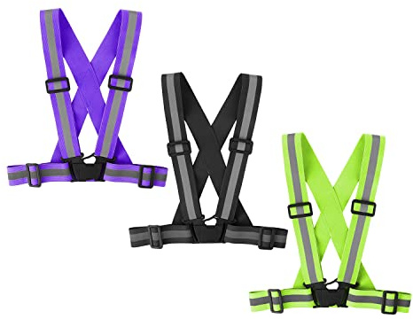 Famnosta Running Reflective Vest Gear 3 Pack Adjustable Safety Vest for Women Men High Visible Reflective Straps Vest for Running Cycling Motorcycling (Green,Black,Purple)