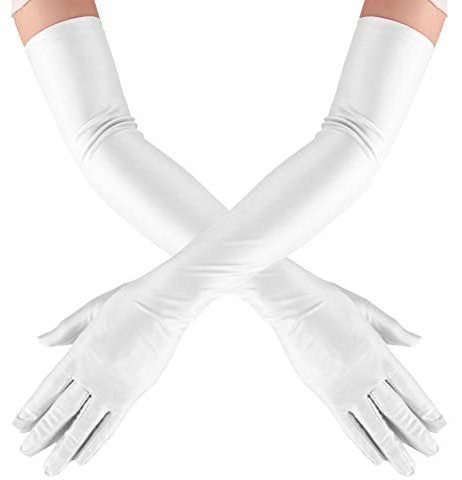 1 Paar lange handschuhe damen, Weiß Elastizität lange Abendhandschuhe 1920 Karneval Kostüm damen für Halloween Karneval Fasching Fest Party (Weiß)
