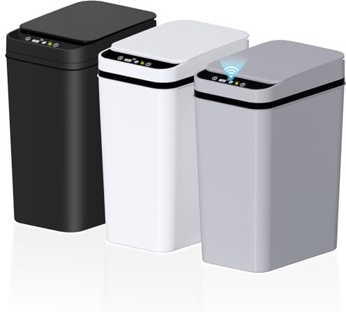 jinligogo 3Pack Bathroom Small Trash Can with Lid, 2.6 Gallon Touchless Automatic Garbage Can Slim Waterproof Motion Sensor Smart Trash Bin for Bedroom, Office, Living Room White/Black/Grey