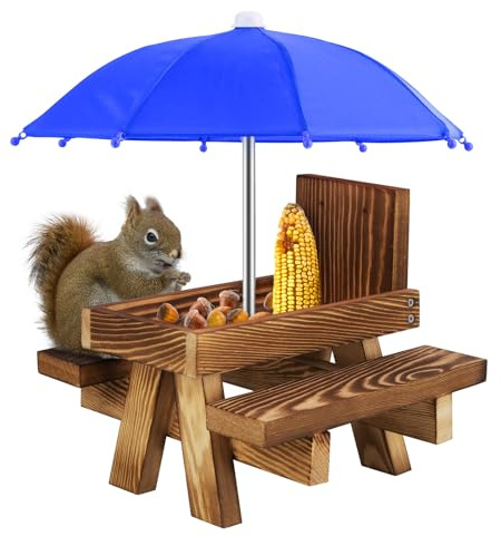 Squirrel Feeder Wooden Picnic Table with Umbrella and Corn Rack for Garden