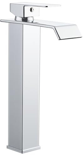 Sistaby Basin Mixer Taps Tall Bathroom Sink Tap Mixers Waterfall Countertop High Square Cloakroom Faucet Monobloc Chrome Stainless Steel with G1/2’’ Hoses Mono 1 Hole