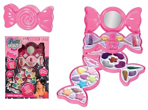 Trucchi Bambina Trousse Make Up Bambina Set di Bellezza Cofanetto Trucchi 4 Livelli Candy Caramella Make Up con Specchio Cofanetto Richiudibile Ombretti Rossetti Smalti Pretty Beauty Trucchi Bambini
