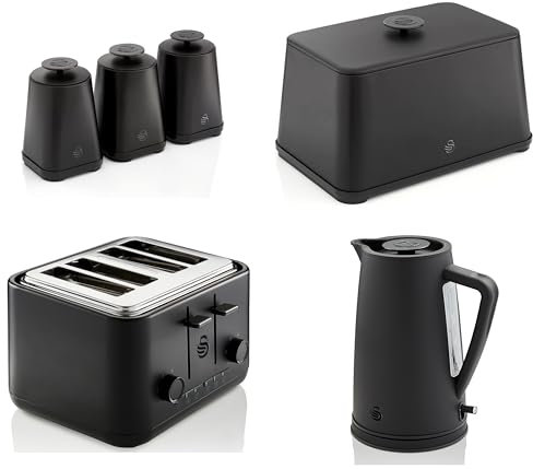 Swan Stealth Black Kettle, 4 Slice Toaster, Bread Bin and Canisters. Sleek and Stylish Matching Kitchen Set in a Matte Black Finish