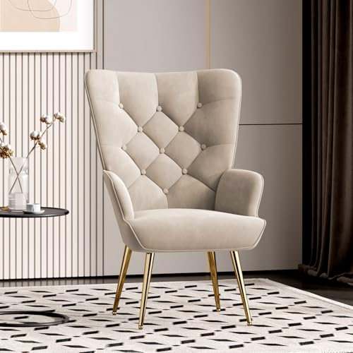 Aivermeil Sessel Wohnzimmer Einzelsofa Loungesessel modern Relaxsessel mit Hocker,Gold Metallfüßen, Samt, für Wohnzimmer Schlafzimmer, Bis 150 KG Beige