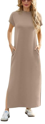GRECERELLE Womens Maxi Dress Wrinkle Free Summer Mock Neck Short Sleeve 2025 Casual Elegant Loose Split Long Dresses with Pockets (Khaki, S)