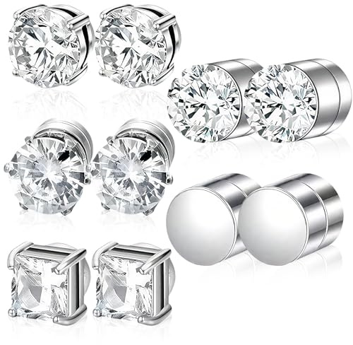 SoundZero 5 Paar Magnetische Ohrringe Set, Herren 6 MM Magnetische Ohrstecker, Edelstahl Silber Diamant Magnetohrringe, Silber Schwarz, Edelstahl Zirkonia
