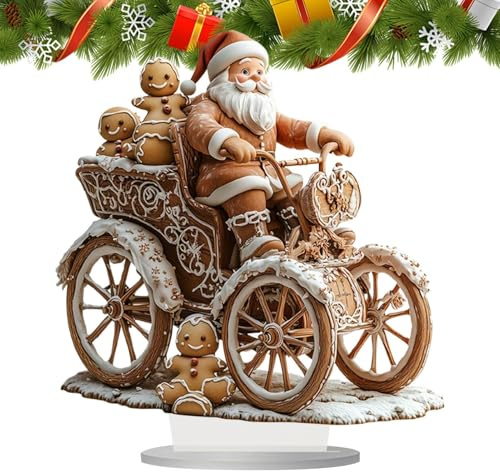 Genérico Estatuilla de Papá Noel, Estatua de Papá Noel,Figura de de acrílico 2D Montando Trineo con Hombre de Galletas - Escultura navideña con Soporte para Sala de Estar, Dormitorio, Estante,