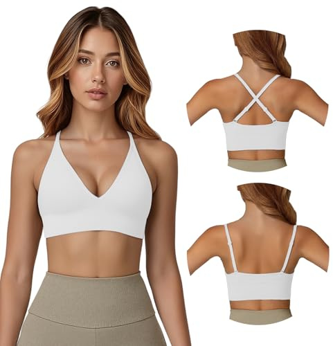 Fiohiros Deep V Sports Bras Women, Sports Bra with Adjustable Spaghetti Strap, Non Wired, Removable Pads, Stretchy Padded Sports Bra for Yoga, Running (UK, Alpha, M, Regular, Regular, White)