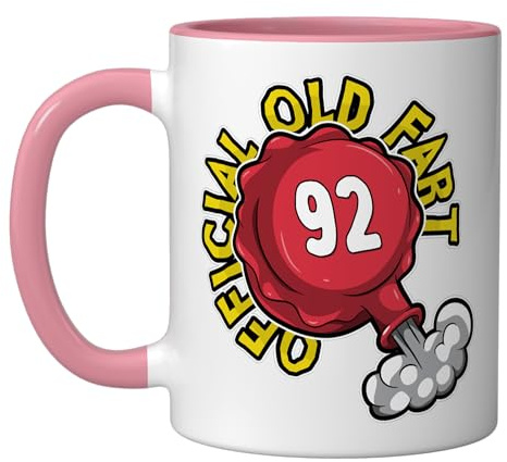 92nd Birthday Official Old Fart Funny Red Whopee Cushion Ceramic Mug, Pink/White