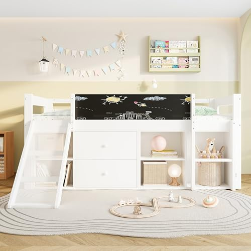 Merax Kids Single Bed Children's Mid Sleeper Bed Wooden Storage Cabin Bed Frame,with Slide&Interchangeable Ladder&&Storage Drawers&Shelves&Blackboard,Safety Guardrail,White,90 x190 cm