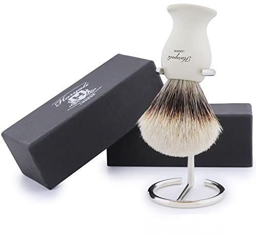 Haryali London Shaving Kit - 2 Pc Shaving Kit - Silvertip Badger Shaving Brush - Stainless Steel Shaving Stand - Elegant Design Shaving Brush with Shaving Stand - Ivory Color Shaving Set