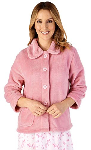 Slenderella Womens Button Up Coral Fleece Bed Jacket Housecoat with Waffle Detail - XXL (Pink)
