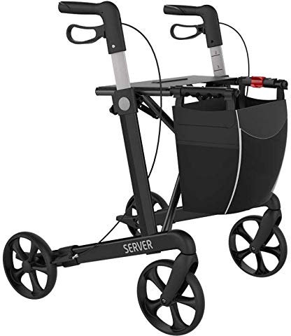 Rehasense Leichtgewicht-Rollator Server Komfort | Alu-Rollator belastbar bis 150 kg mit abnehmbarer Einkaufstasche, Ankipphilfe und Softbereifung (L, schwarz)