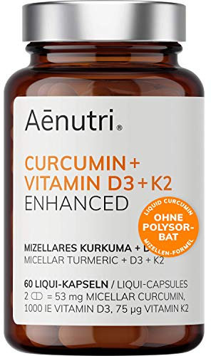 NEU: CURCUMIN Plus hochdosiert | Flüssiges Kurkuma in Mizellen-Formel | Ohne Polysorbat, Ohne Piperin | Liquid mit Vitamin D3 + K2 | Laborgeprüfte Qualität aus DE | 60 Kapseln