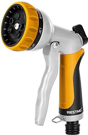 RESTMO Hose Pipe Spray Gun, Heavy Duty Garden Hose Spray Gun, High Pressure Hose Nozzle, Metal Hand Sprayer with 7 Patterns and Water Flow Control, Ideal to Water Plant & Lawn, Wash Car & Pet (Yellow)