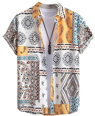 MAIISO Chemise Vintage pour Homme Chemises à Manches Courtes de Style Ethnique Africain T Shirt à la Mode imprimé de Motifs Traditionnels Summer Regular Button Casual Beach Blouse Top