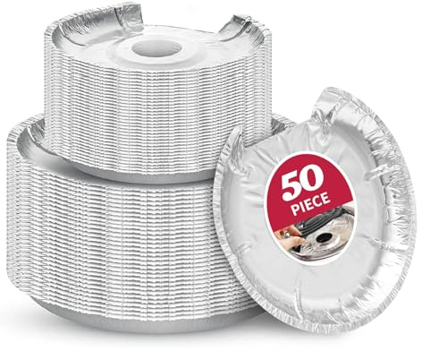 50PC COZZIVITA Round Electric Stove Burner Covers - Stove Top Covers for Electric Stove Thicker Aluminum Foil Burner Liners - Disposable Stove Top Protector (25 * 6 Inch and 25 * 8 Inch)