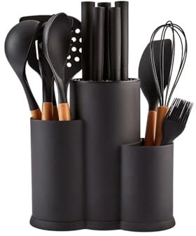 Karaca Burby 14-Piece Kitchen Knife Set with Block & Kitchen Utensil Set with Holder & Wooden Handles, Chef, Slicing, Bread Knives & Essential Cooking Tools, Black