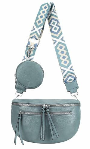ITALYSHOP24 Damen Tasche Umhängetasche Brusttasche Muster Gürtel Bauchtasche Crossbody Gürteltasche Hüfttasche Crossover Bodybag Schultertasche Handytasche Leder Optik Jeansblau