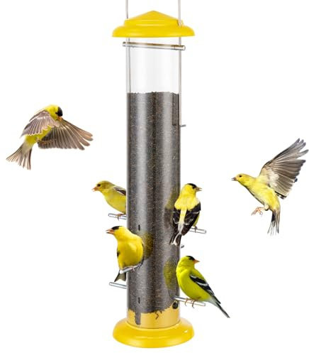 Kingsyard Metal Finch Feeder for Thistle/Nyjer Seed, Tube Bird Feeders for Outdoors Hanging, 2 lbs Large Capacity, Easy to Refill & Clean, Yellow
