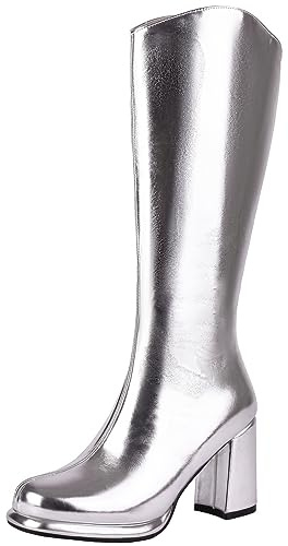 XINXINIO Stivali da donna con tacco a blocco, con chiusura lampo, argento, 40 EU