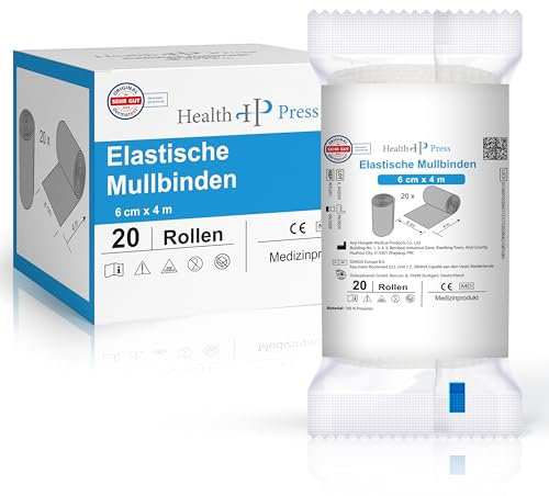 Health Press Mullbinden – Verbandsmaterial (6cm x 4m) 20 Rollen – Elastischer Binden Verband – Medizinprodukt – Dermatologisch getestete Fixierbinde – Bandage Ideal für Erste Hilfe & Wundversorgung