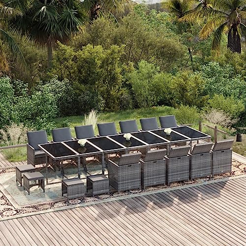 QZZCED Juego de muebles de jardín para balcón, muebles de jardín, 21 piezas, conjunto de comedor de jardín con cojines de ratán gris para jardines, terrazas, balcones