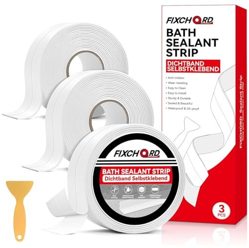FIXCHORD Joint Salle de Bain, 3 Rouleaux Ruban Adhésif Blanc Cuisine Ruban D'Étanchéité, Bande de Calfeutrage Imperméable et Adhésive pour Cuisine, Salle de bain, Toilettes 9.6m*38mm