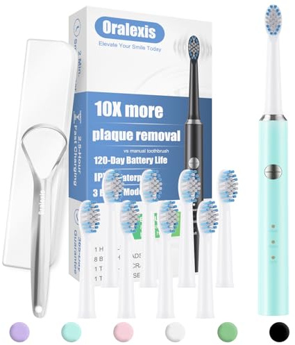 ORALEXIS Electric Toothbrush for Adults with Tongue Scraper and 8 Brush Heads, One Fast Charge Last 120 Days, 40000 VPM Deep Clean, Sonic Travel Toothbrush - Blue