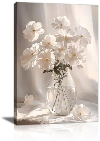 FajerminArt Moderno Marco de Madera Cuadros,Elegante Blanco Floral Floreciendo al sol Cuadros Decoracion Salon Pintura Lienzo Decorativo Para Pared Comedor Dormitorio Listo para colgar 60x40cm