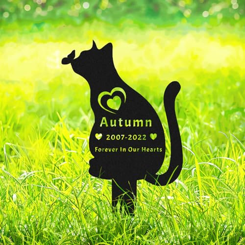 AdtHYUxq Personalized Cat Memorial Grave Marker Pet Burial Stake, Custom Cat Memorial Stake Memorial Animal Cat Statue with Hearts Cat Stake Garden Statue, Metal Cat Yard Art Lawn Memorial Plaque