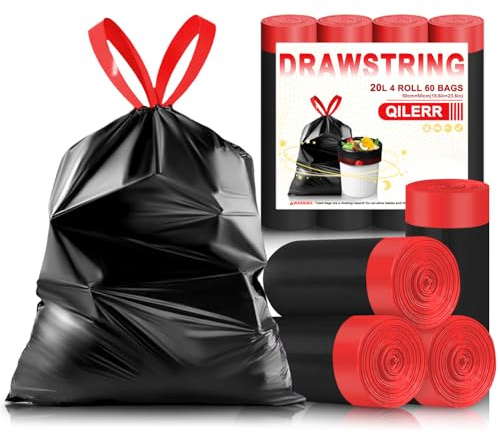 Bin Bags 20L Thick Drawstring Bin Liners with Tie Handles - 60 Count Pedal Trash Bags for 15-20L Bins, Fits Bathroom, Kitchen, Office, Bedroom, Black
