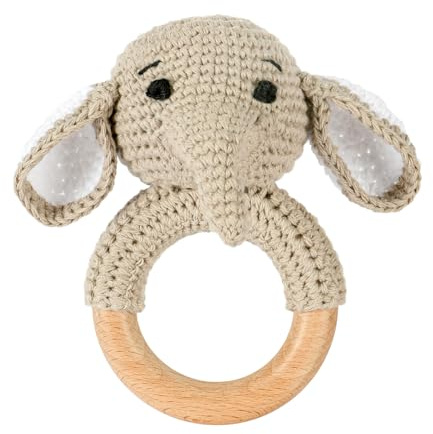 OFFCUP Sonajero para Bebés, Juguete Ganchillo Sonajero de Madera para Bebé Hecho a Mano, Juguetes de Animales Suaves para Bebé para Recién Nacidos Niños y Niñas (Elefante)