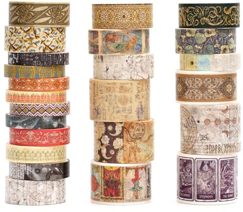 Songdao Retro Washi tejp, 24 rullar dekorativa antika maskeringstejp vintage tejp färgglada för konst, gör-det-själv-hantverk, dagbok, planerare, scrapbook, förpackning