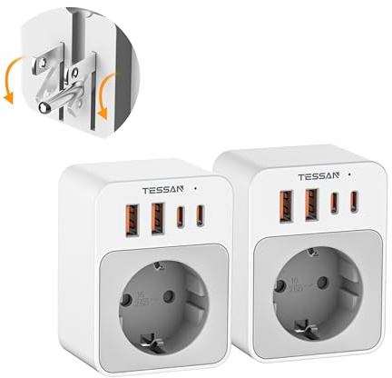 TESSAN 2 Stück Klappbarer USA Adapter Steckdose, 5 in 1 Adapter USA Deutschland Stecker 2 USB C und 2 USB A, Reiseadapter Kanada, Steckdosenadapter US für American Thailand Mexiko, Reisestecker Typ B