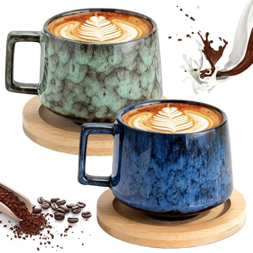 Behogan Set di 2 tazze da caffè con piattino, 190 ml, tazze da cappuccino, tazze da caffè in porcellana per tè, caffè, cappuccino, tazze in gres con disco di legno, blu scuro e verde scuro